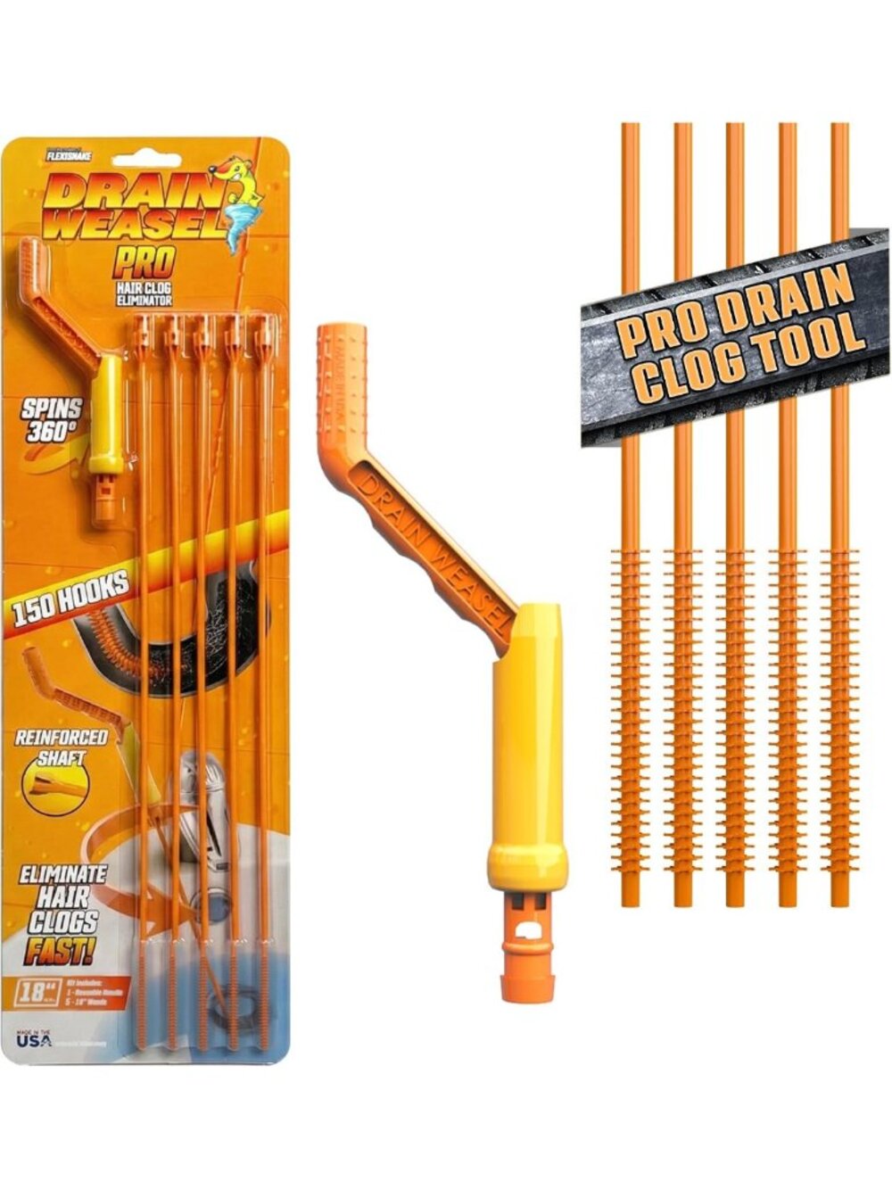 Drain Clog Remover Tool with 5 Wands - FlexiSnake Pro Hair Snake Cleaner